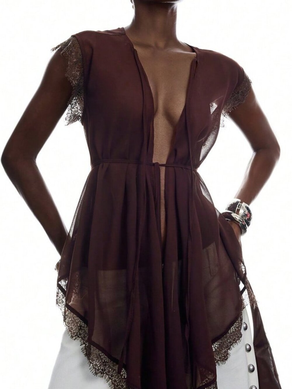 Brown Sexy Women's Minimalism Lace Tie Detail Asymmetrical Sheer Blouse - Picture 6 of 7